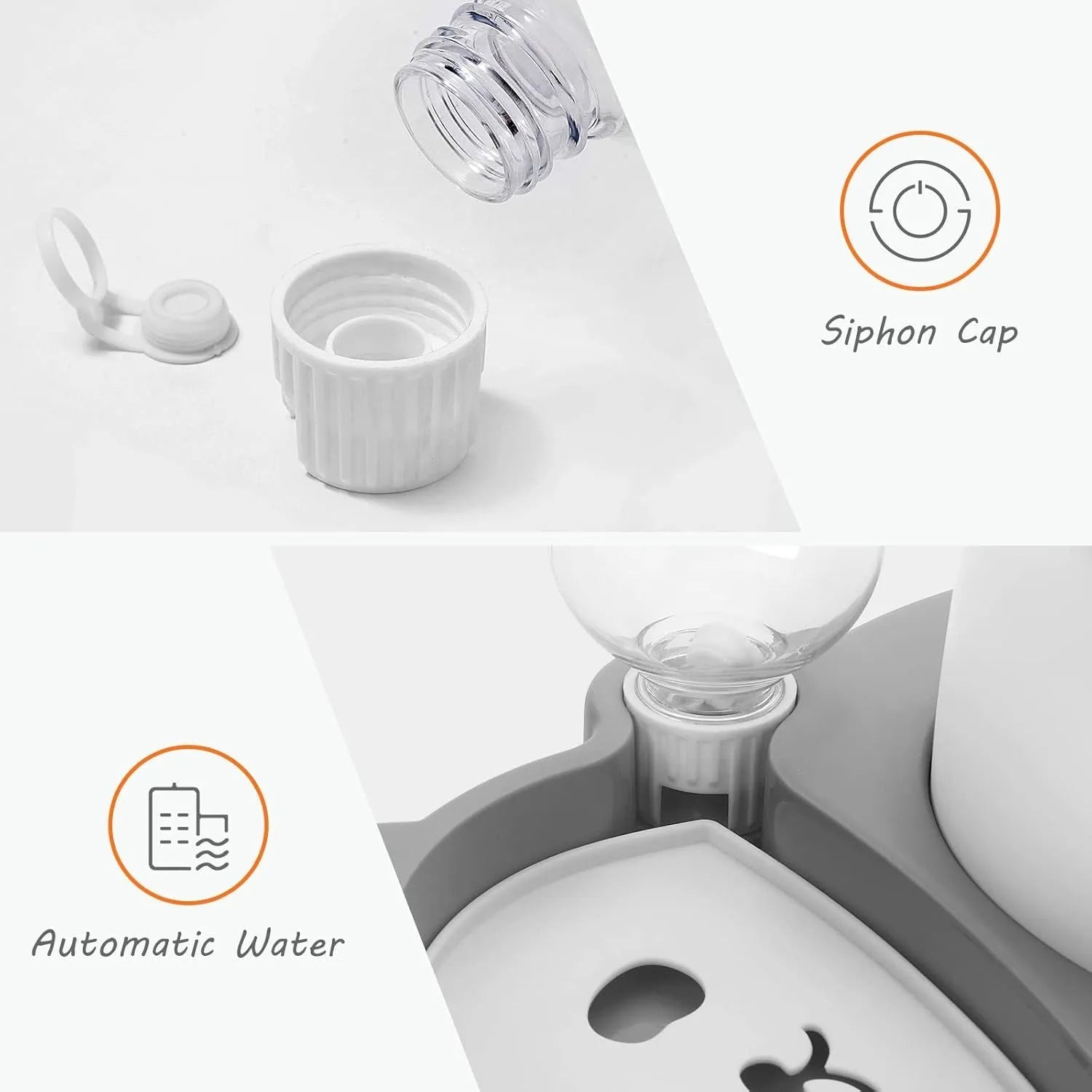 Grey and green panda-shaped automatic water dispenser and tilted pet food bowl set for cats and small dogs