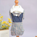 Orange and dark blue cotton dog suit shirts shown in sizes S through 2XL for small dogs