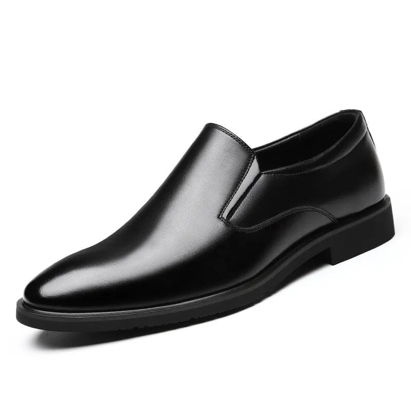 Men's black leather slip-on business casual shoes with low top and rubber sole