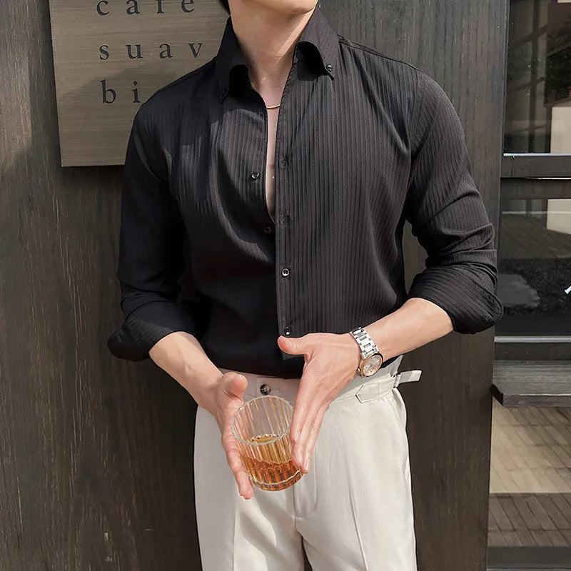 Men's dark striped V-neck long sleeve cardigan shirt in chemical fibre blend fabric
