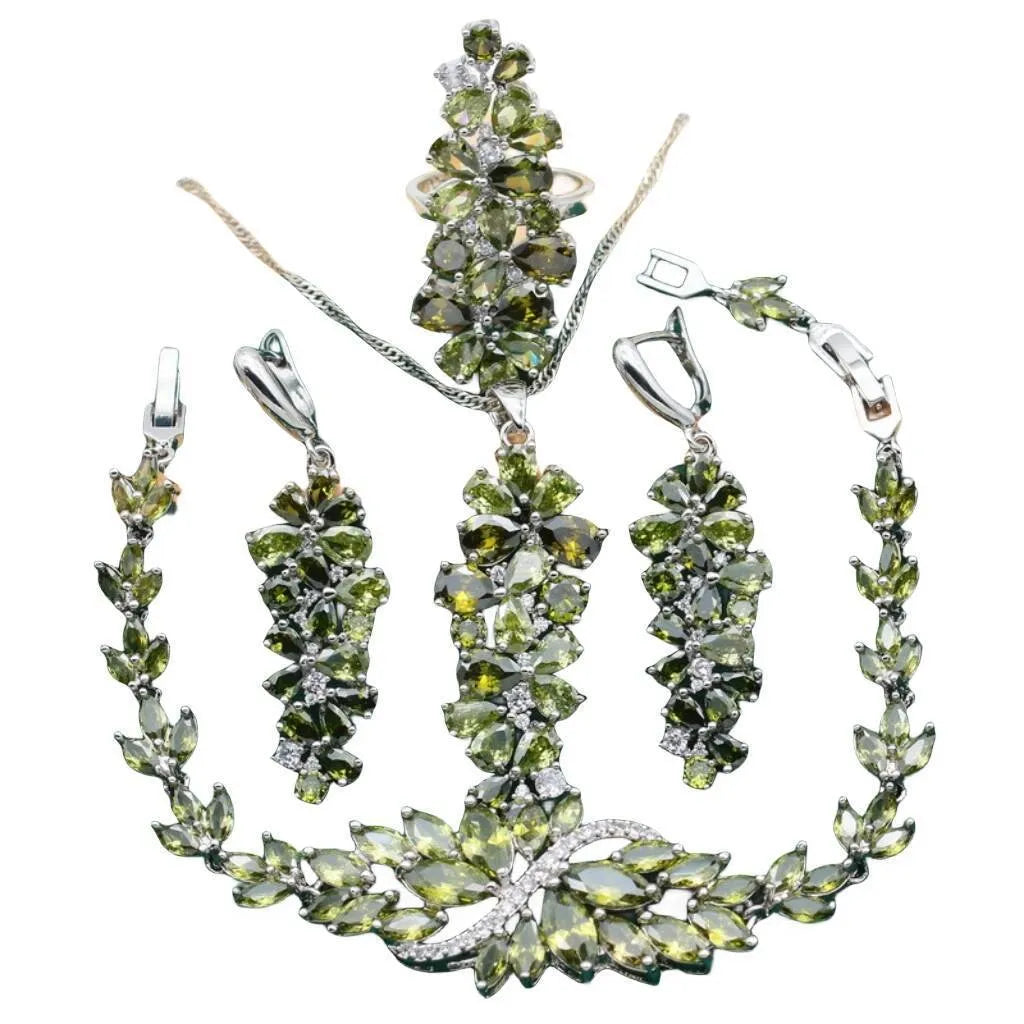 Retro floral jewellery set with alloy pendant, copper-zircon detailing in olive green, purple and multicolour options