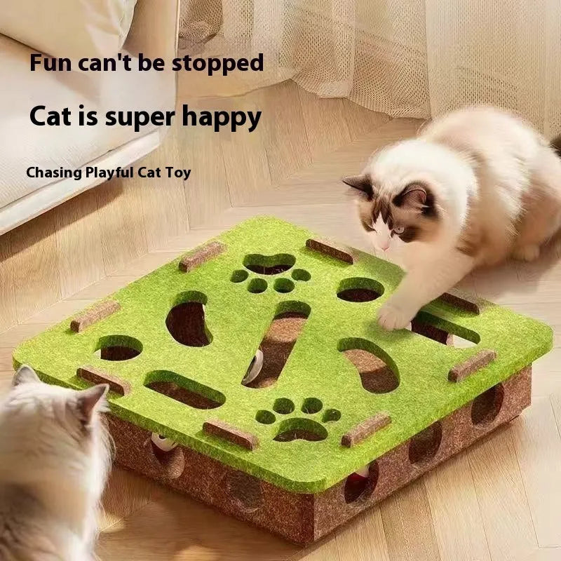 Green brown felt cat scratching toy box with internal maze holes measuring 30cm