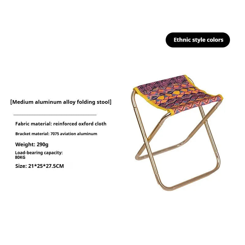 Black aluminium alloy folding camping stool shown in open and folded positions.