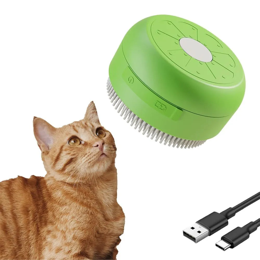 Green and yellow rechargeable cat dog steam brush with silicone head on a white background.