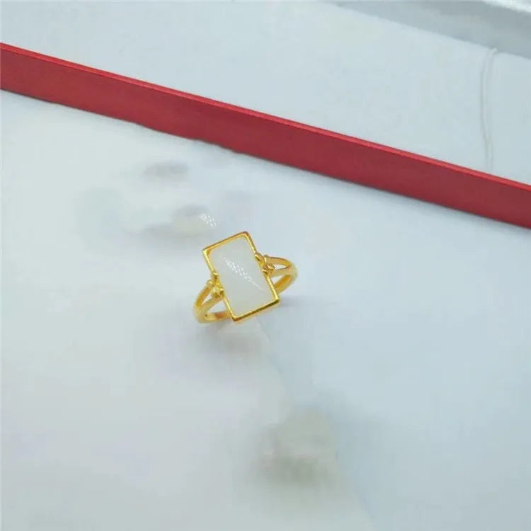 Adjustable brass gold-plated ring with gemstone inlay and national style design