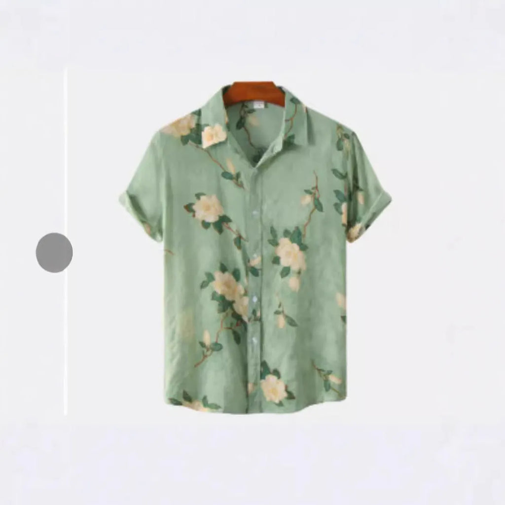 Short sleeve cardigan-style shirt with a Hawaiian floral print on the lapel.