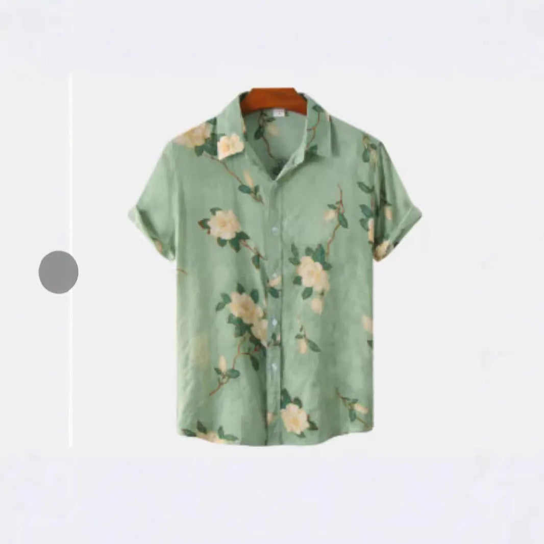 Short sleeve cardigan-style shirt with a Hawaiian floral print on the lapel.