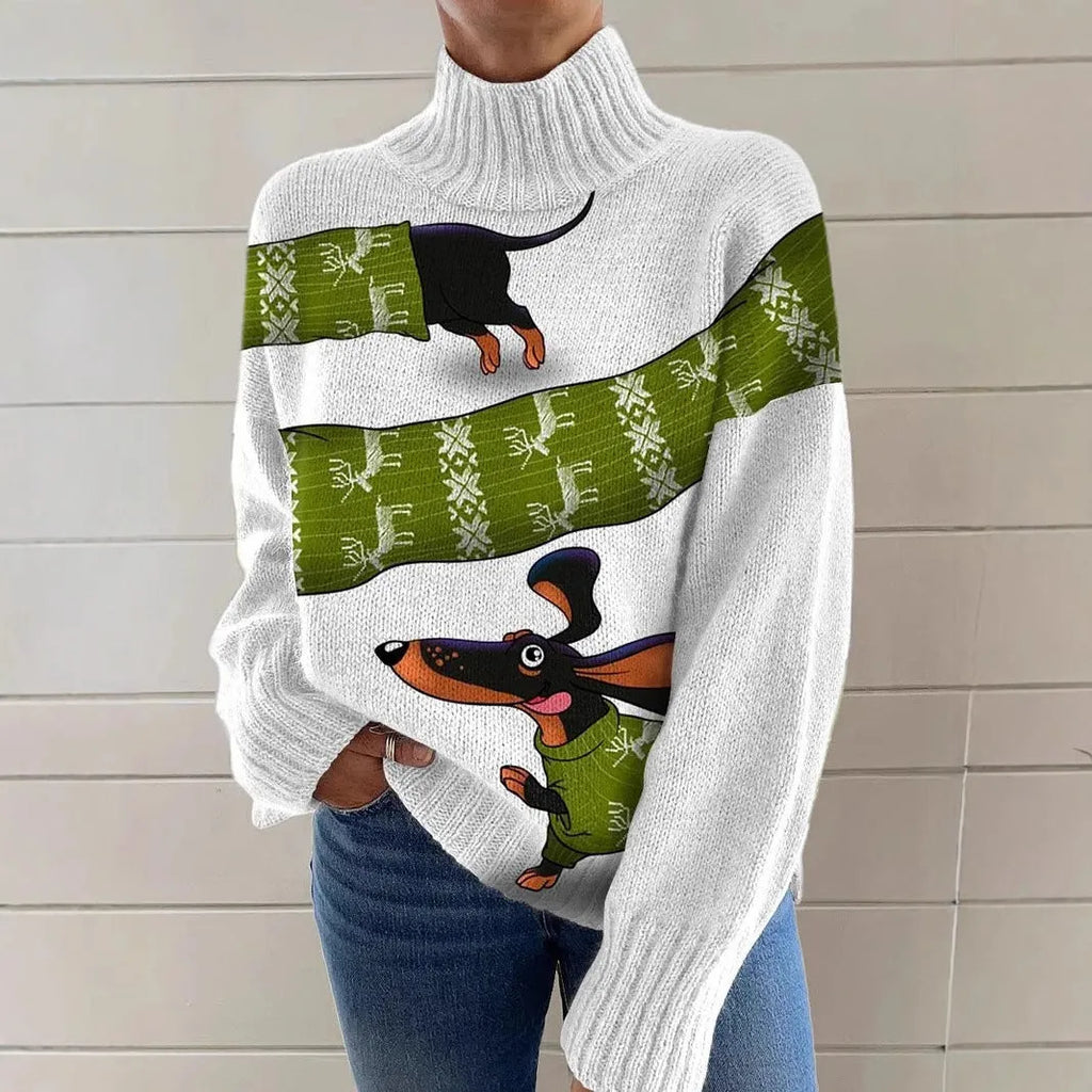 Women's Christmas printed turtleneck sweater with painting pattern in macaron colours