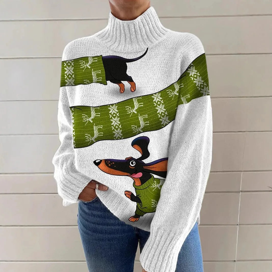 Women's Christmas printed turtleneck sweater with painting pattern in macaron colours