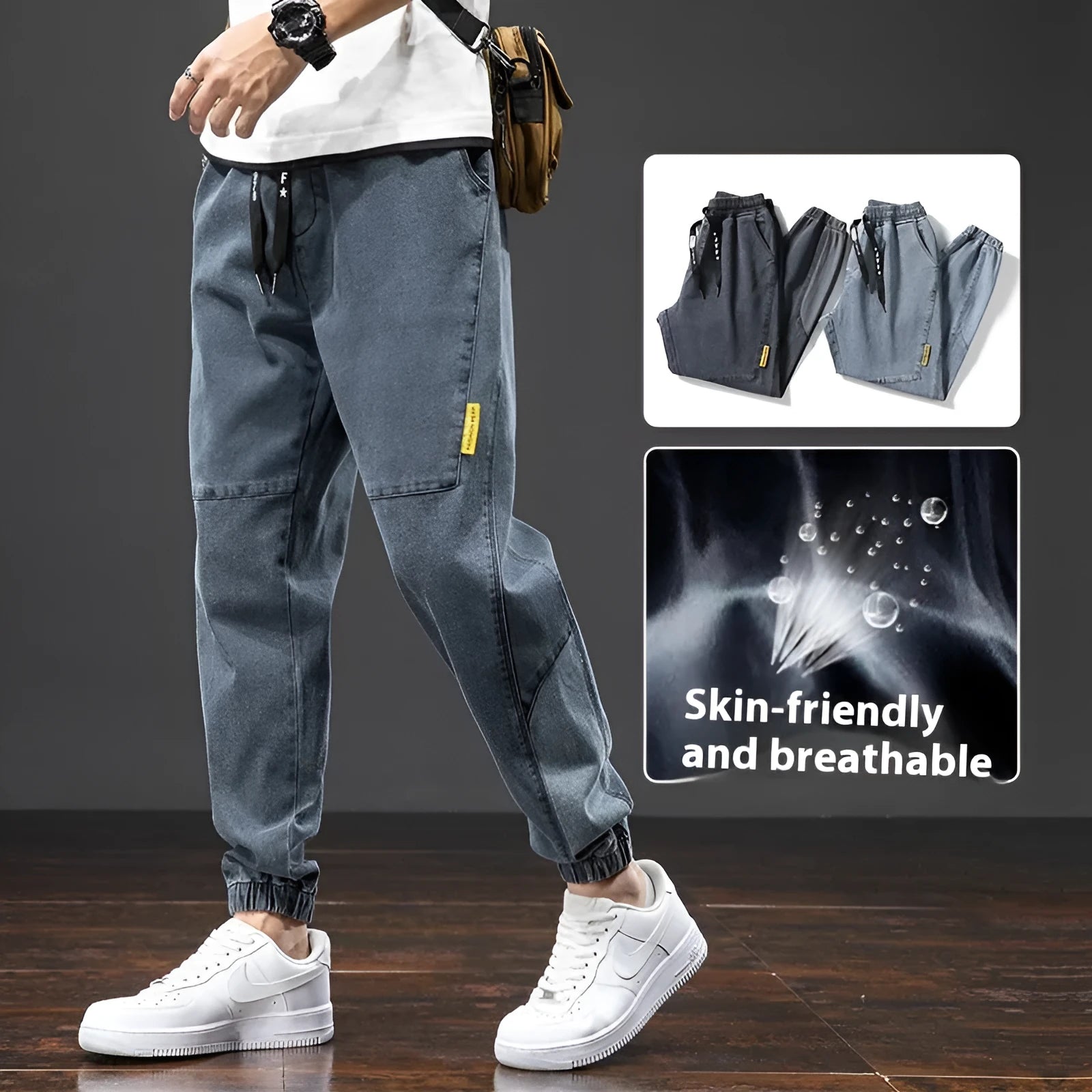 Men's straight leg cargo jeans in blue with micro-elasticity cotton fabric