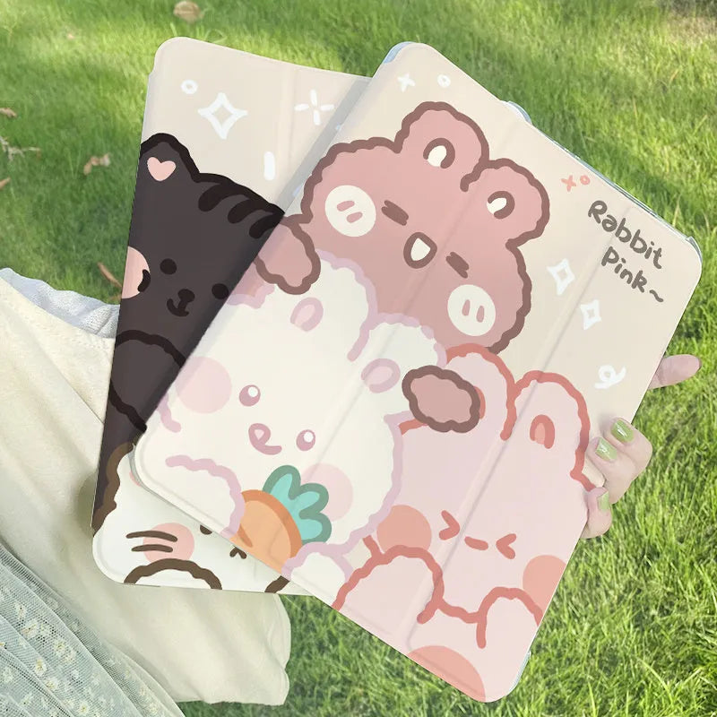 Cartoon rabbit silicone tri-fold protective case for iPad on a table