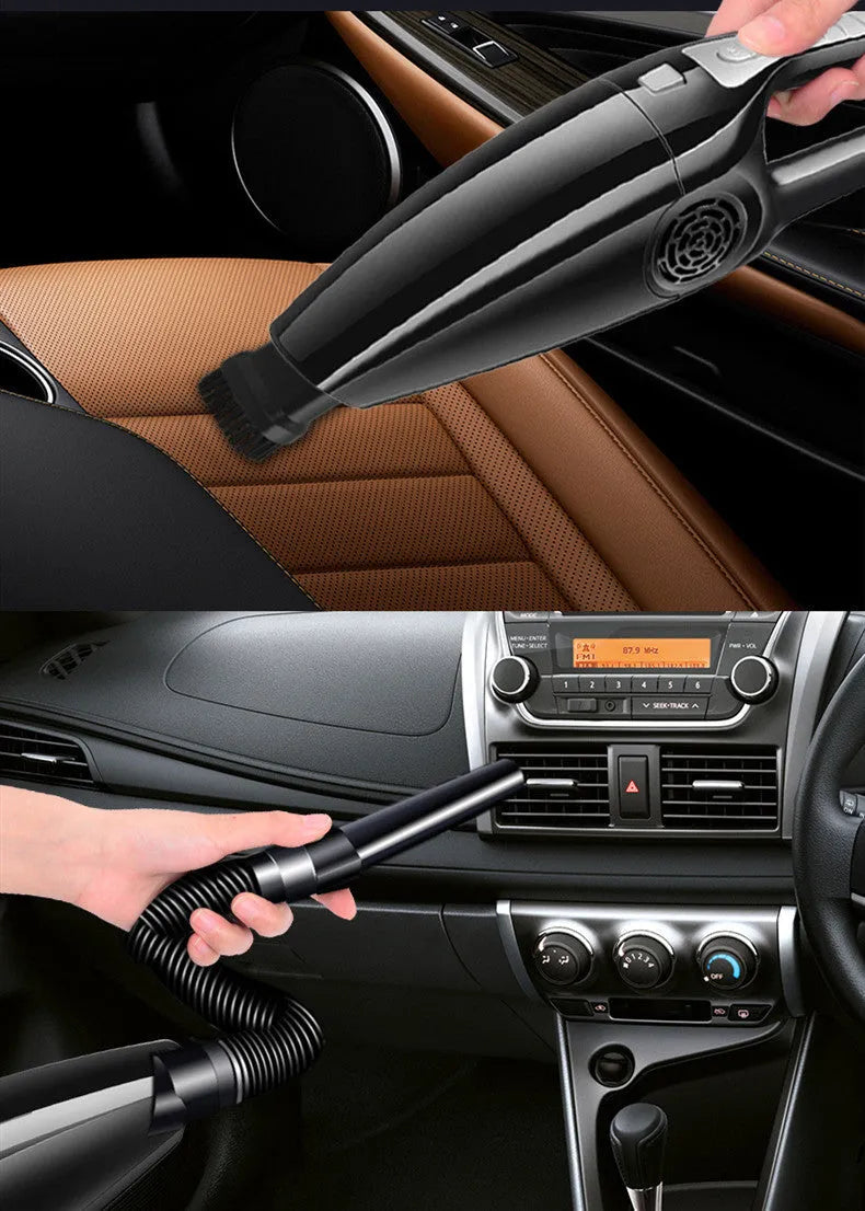 Black and orange car vacuum cleaner with cigarette lighter plug for vehicle interior cleaning