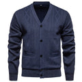 Men's striped cardigan sweater in brown colour, shown as an open front garment with long sleeves.