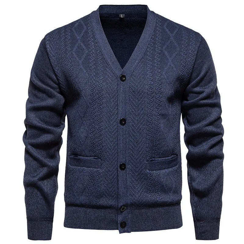 Men's striped cardigan sweater in brown colour, shown as an open front garment with long sleeves.
