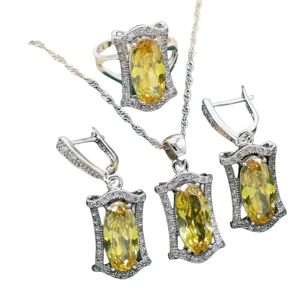 Yellow zircon necklace, earrings, ring and bracelet set with snake bones chain.