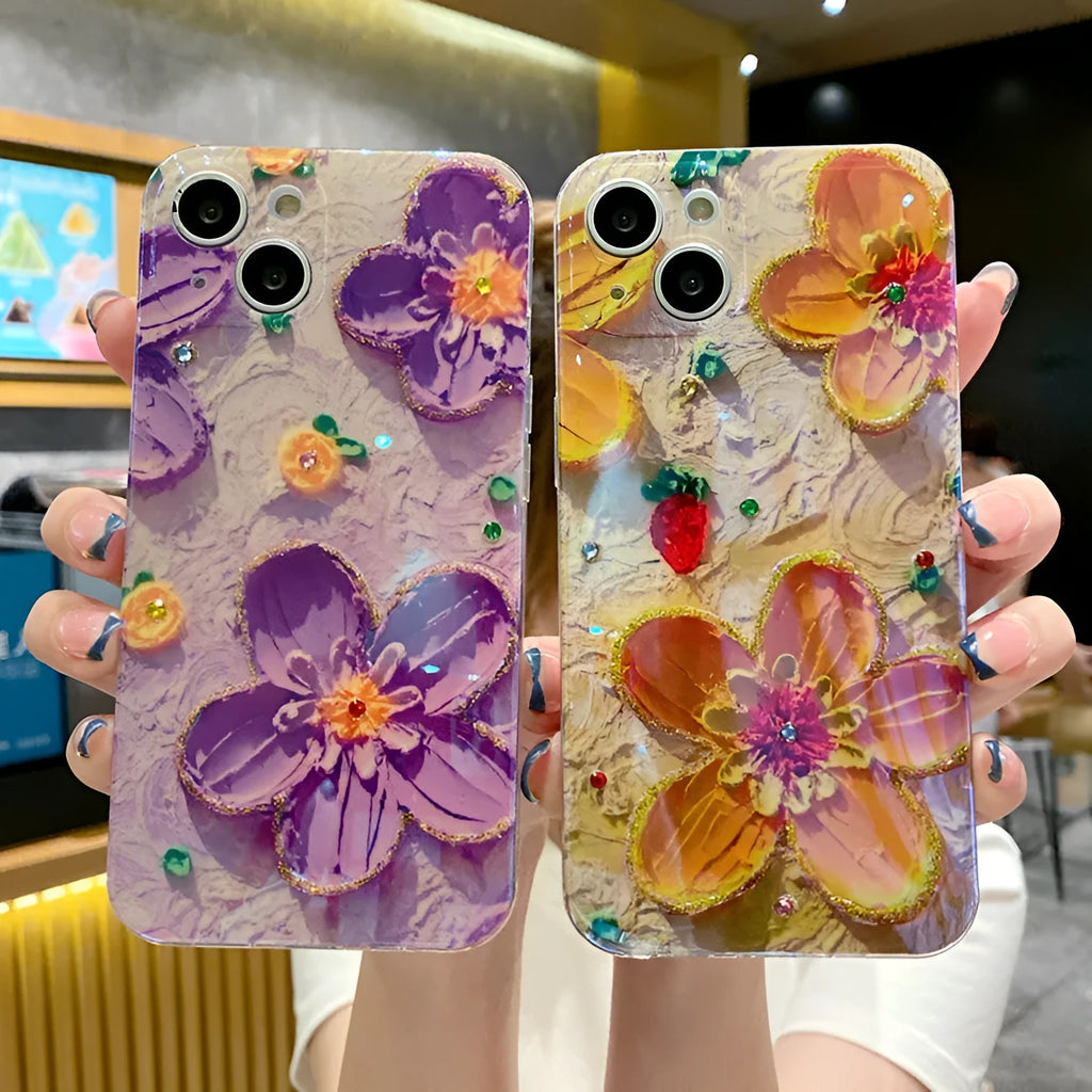 Soft rubber mobile phone case with purple oil painting flower design and inlaid diamond accents.