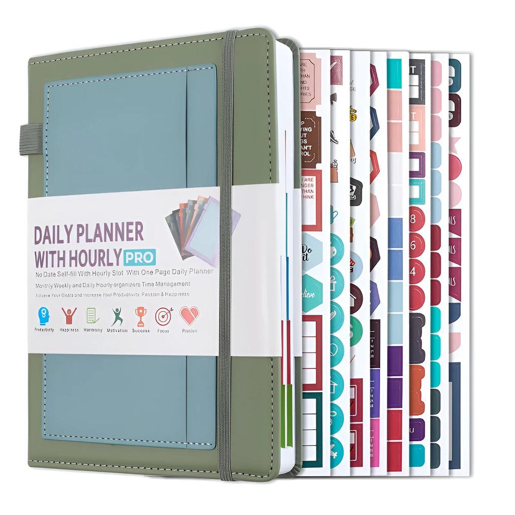 Creative undated notebook with PU leather-style cover in purple, green, black, grey, pink, or orange.
