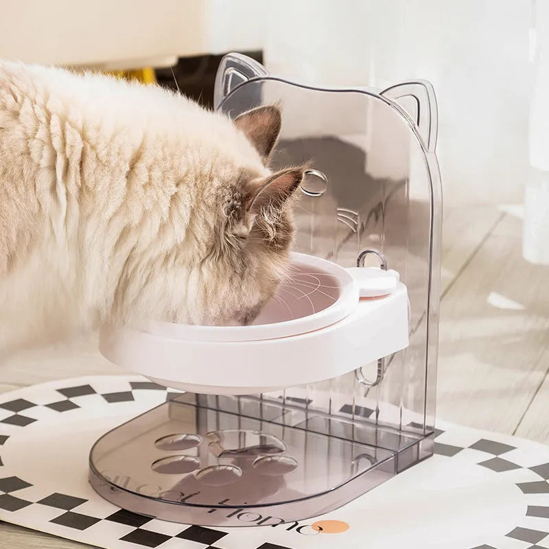 Grey cat feeding bowl with cat ears design and neck protection collar on removable hanging cage