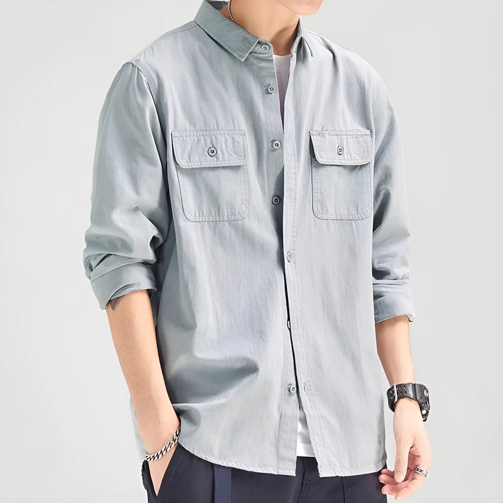 Men's loose-fitting long sleeve cardigan shirt in light grey, made from polyester fabric.