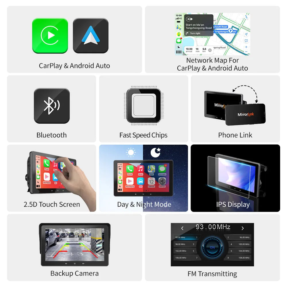 7 inch wireless CarPlay car display with suction cup mount and cigarette lighter power cable