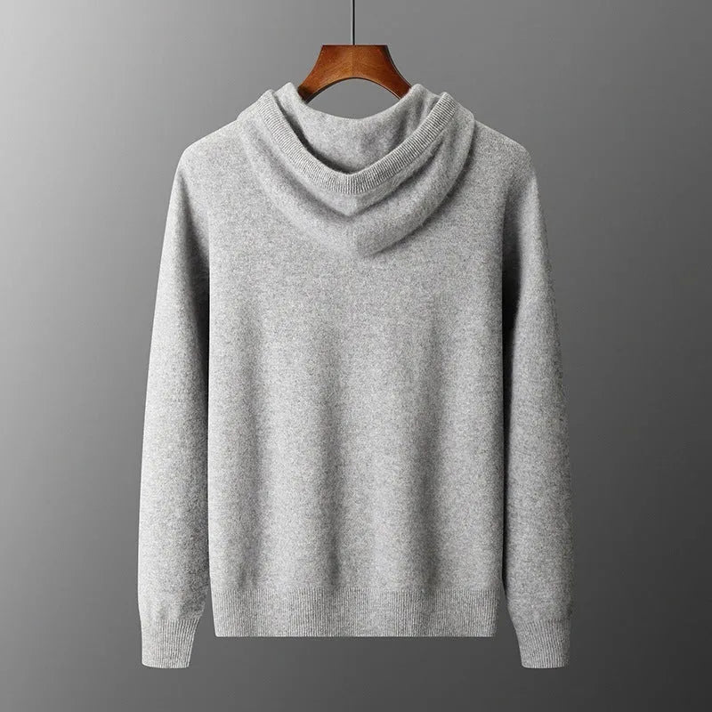Men's light grey cashmere hooded sweatshirt and matching long pants laid flat.