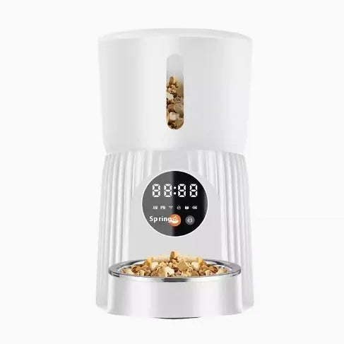 Black automatic pet feeder with display screen and food dispensing bowl for dogs and cats
