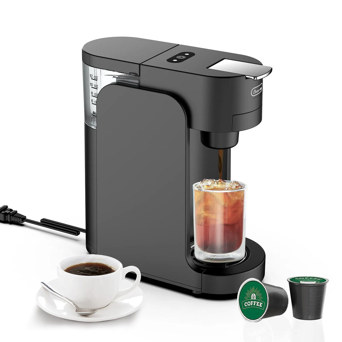 Black and white compact capsule coffee machine for K-Cup pods with adjustable water tray