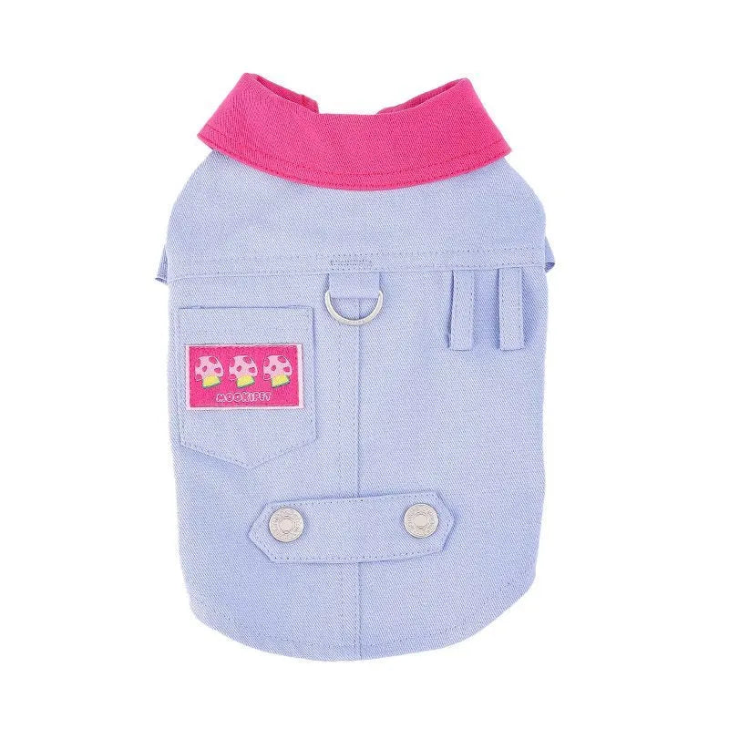 Blue and purple polyester dog harness with front traction ring on small dog