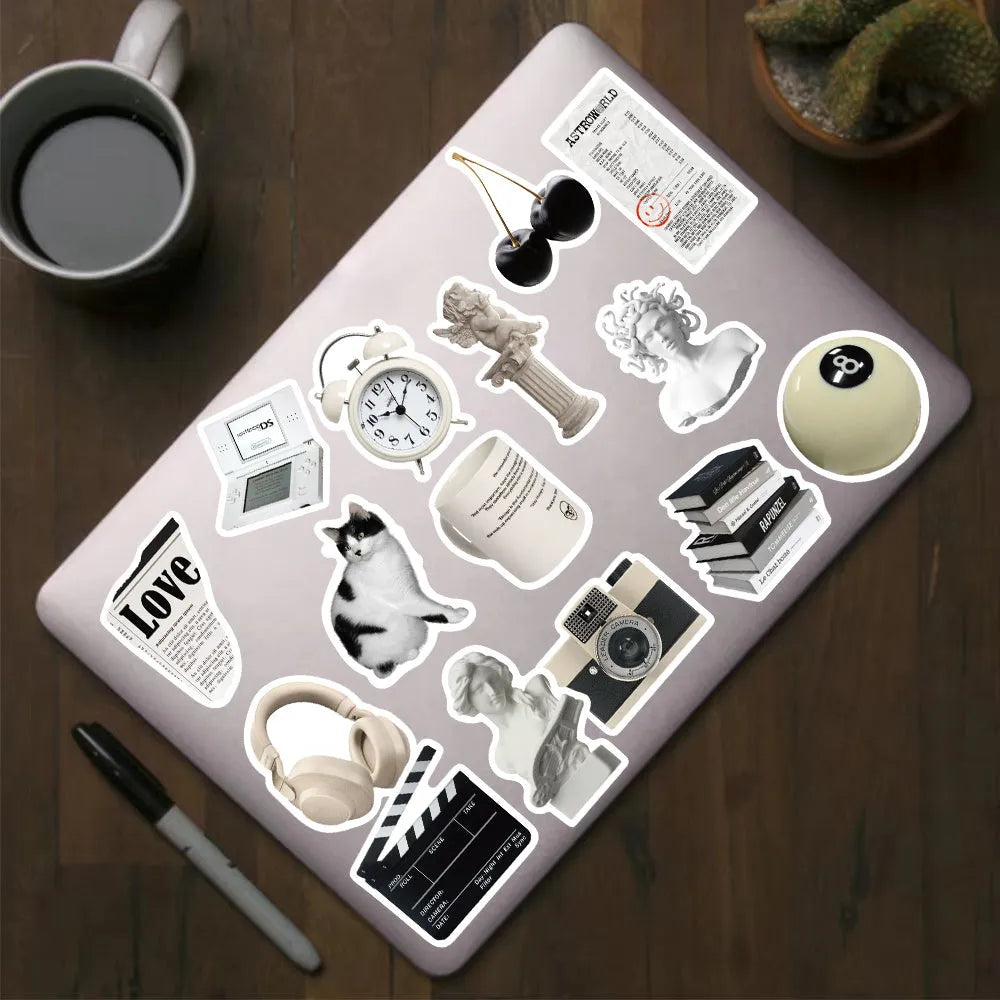 Black and white waterproof PVC sticker pack with coffee cup designs for laptops and phones