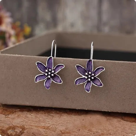 Purple flower-shaped alloy earrings with electroplated finish and retro design