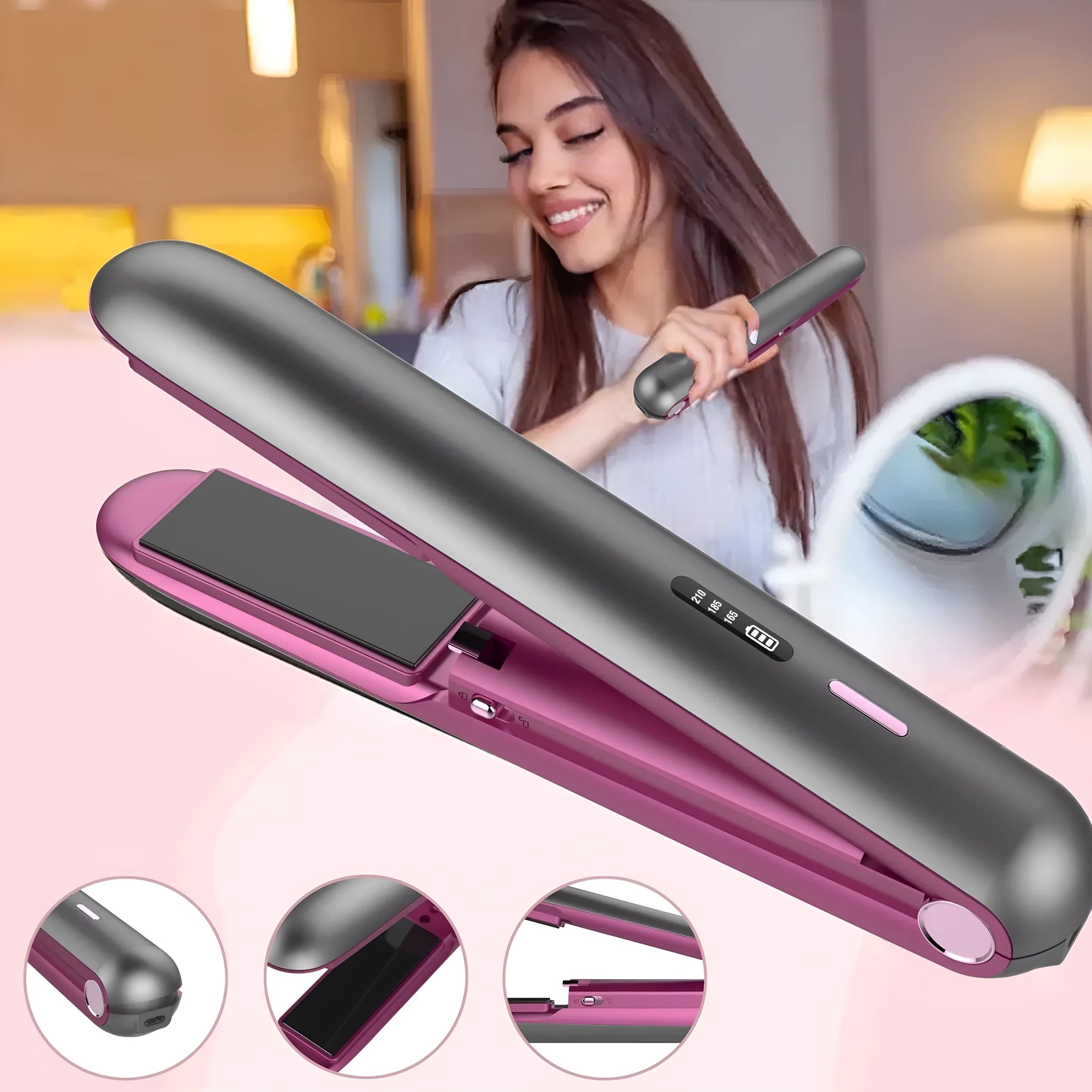 Moon shadow grey wireless hair straightener with tourmaline ceramic plates and temperature control display