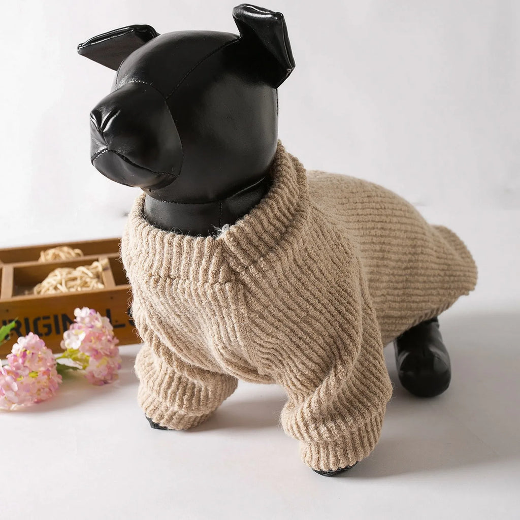 Brown knitted sweater pullover on a small dog, available in sizes XS to XL