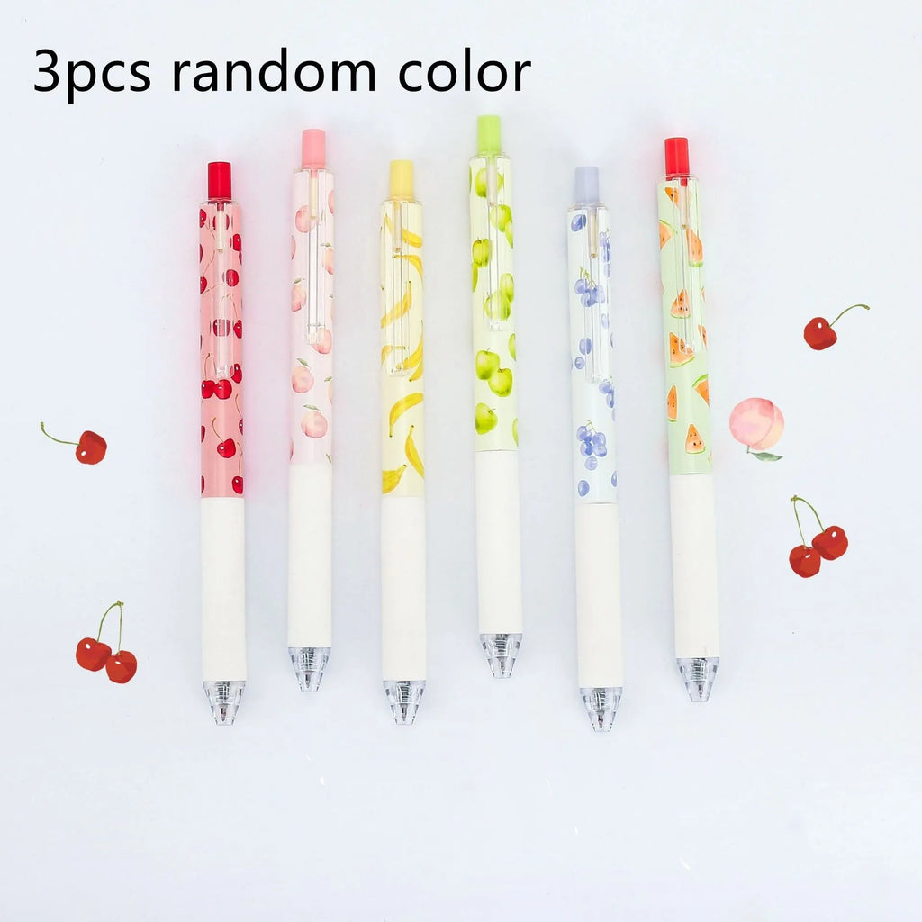 Three fruit-scented press-action pens with plastic barrels and black 0.5mm refills.