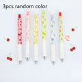 Three fruit-scented press-action pens with plastic barrels and black 0.5mm refills.
