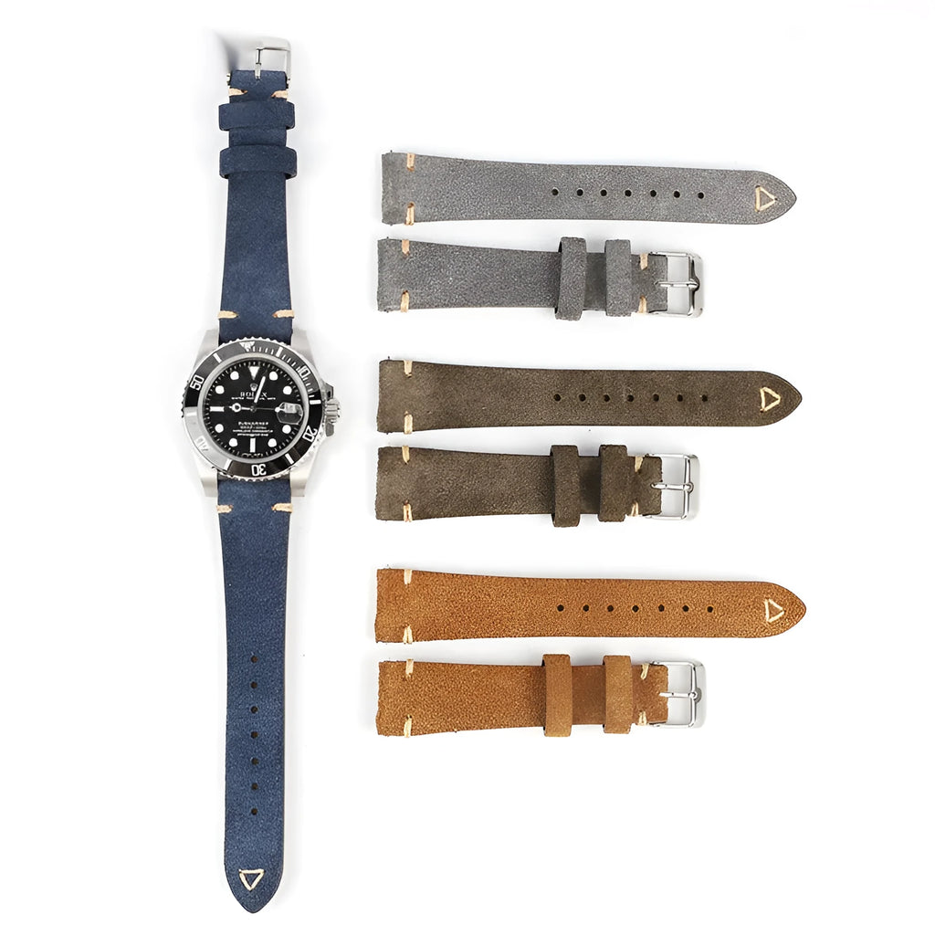 Brown suede leather watch strap showing small waist design and textured surface