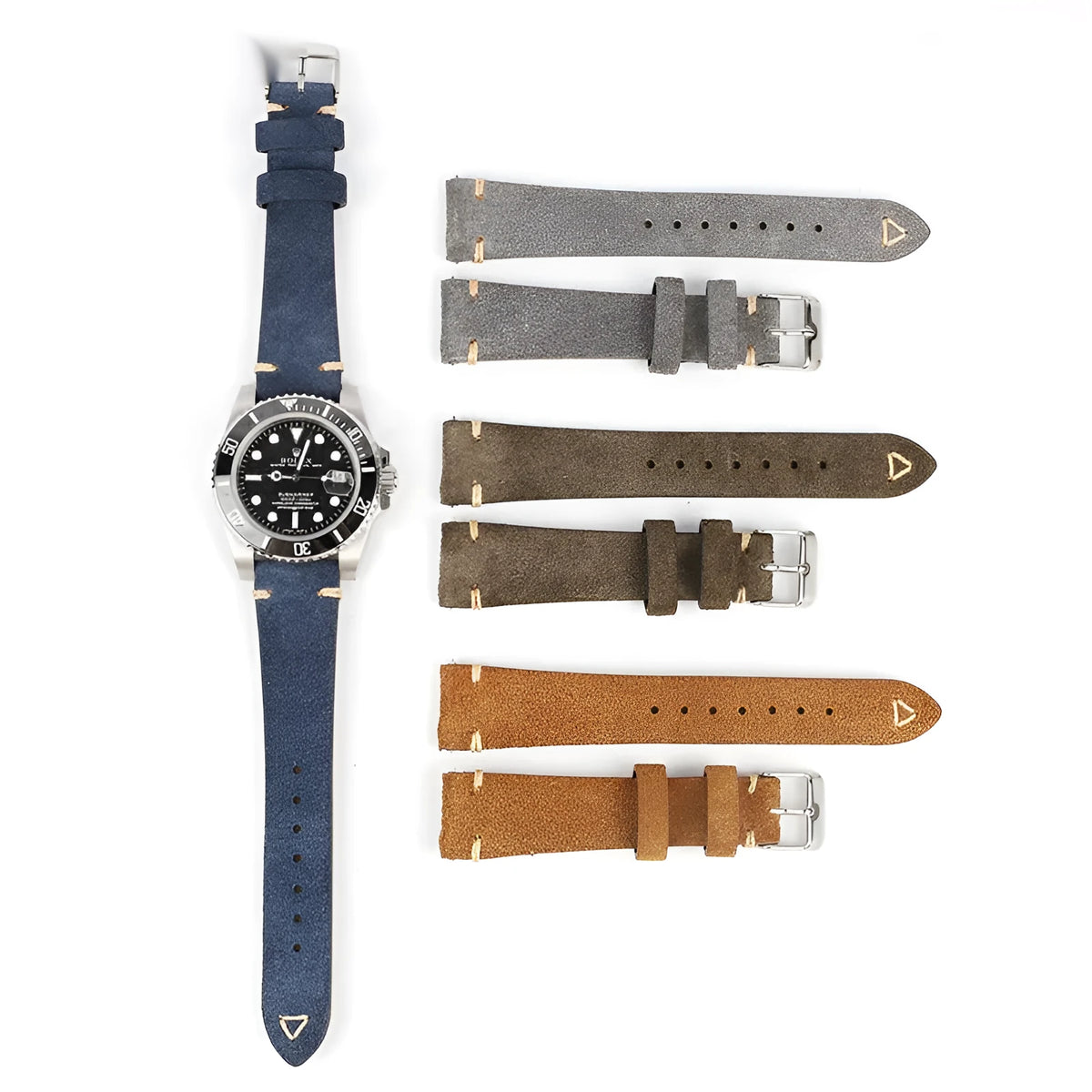 Brown suede leather watch strap showing small waist design and textured surface