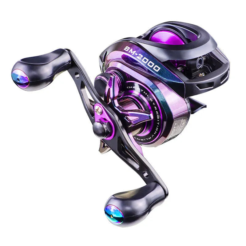 Colourful BM2000 fishing reel with water drop design and magnetic brake, shown in left and right-hand models