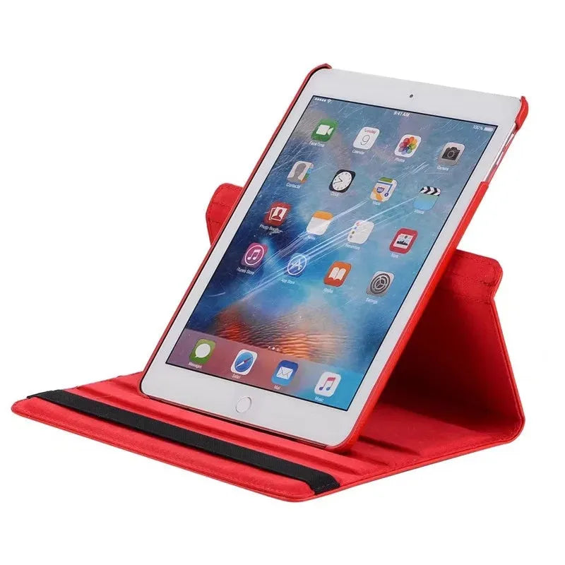 iPad rotating clamshell protective sleeve in imitation leather, shown in multiple colour options.