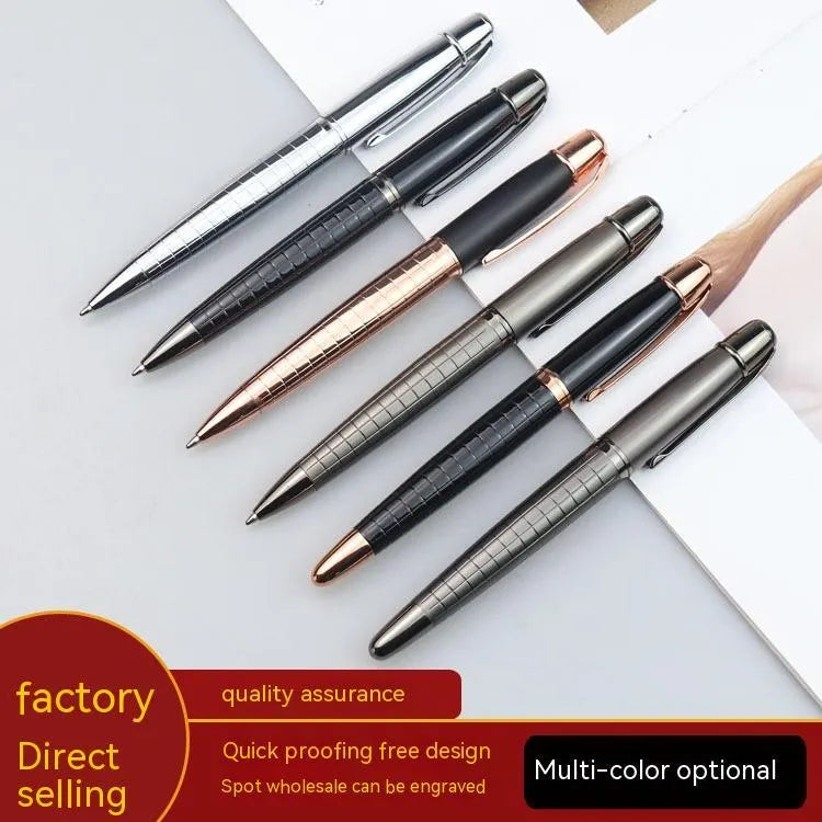 Gun grey metal rollerball pen with 13.5cm barrel shown alongside black and blue refills
