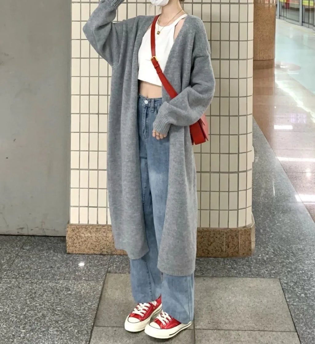 Women's loose thick chenille cardigan with 65cm length in dark grey colour
