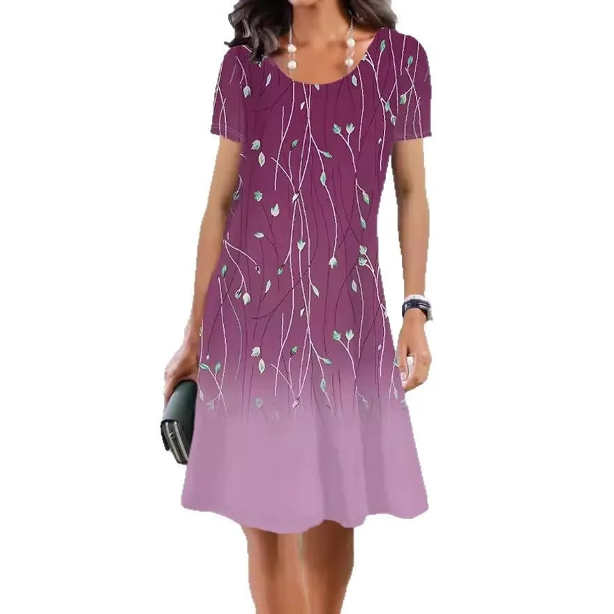 Floral printed summer dress with short sleeves and A-line mid-length skirt in ice silk fabric