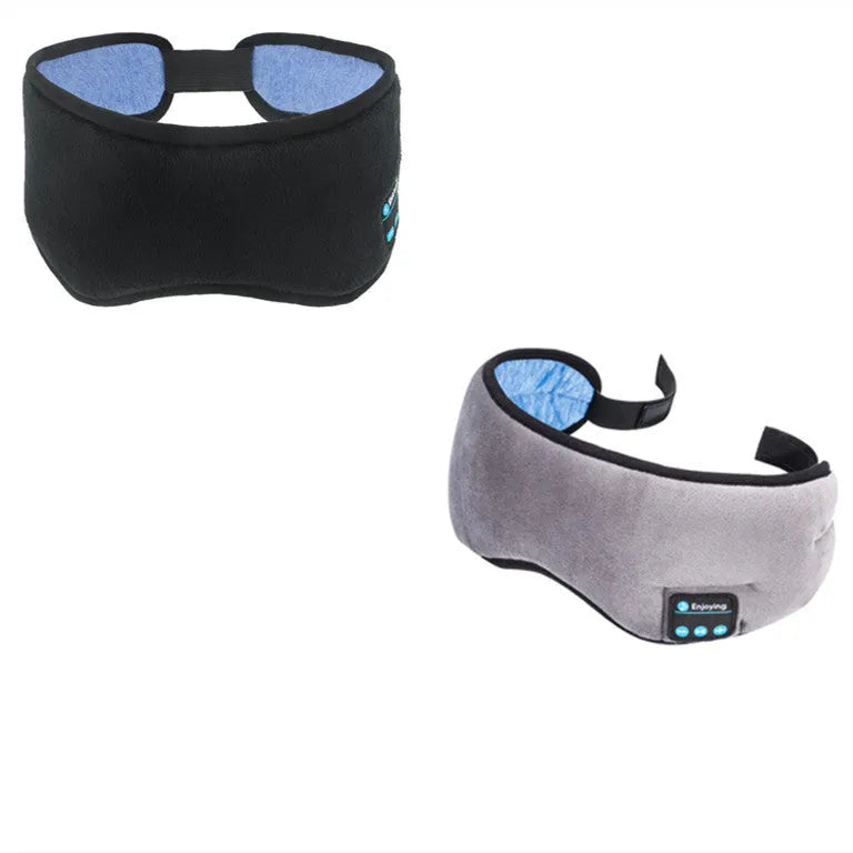 Black Bluetooth sleep mask with built-in speakers showing soft fabric construction and streamlined design