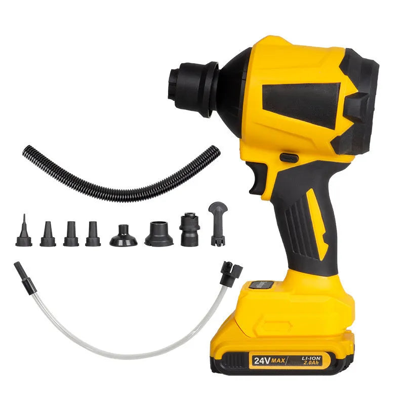 Yellow cordless dust gun with 18V lithium battery and accessories for household and office cleaning