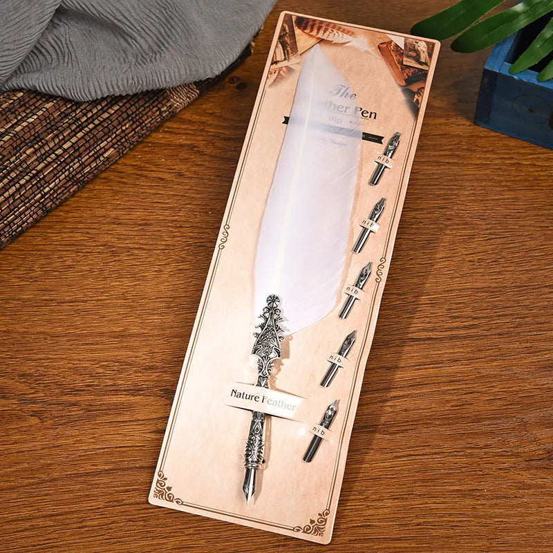 Retro feather dip pen with zinc alloy shell in various colour options for calligraphy and gifting