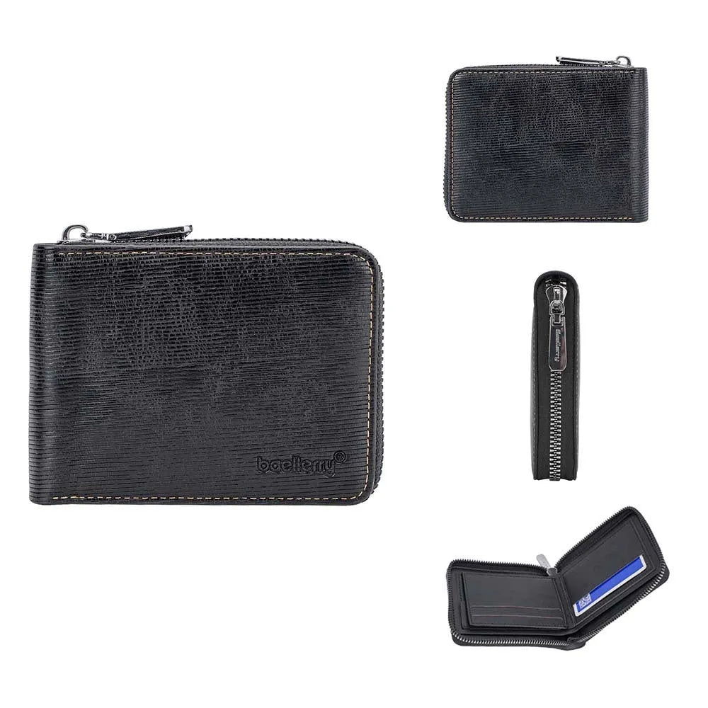 Black PU leather credit card wallet with a silver zipper and embossed texture.
