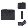 Black PU leather credit card wallet with a silver zipper and embossed texture.
