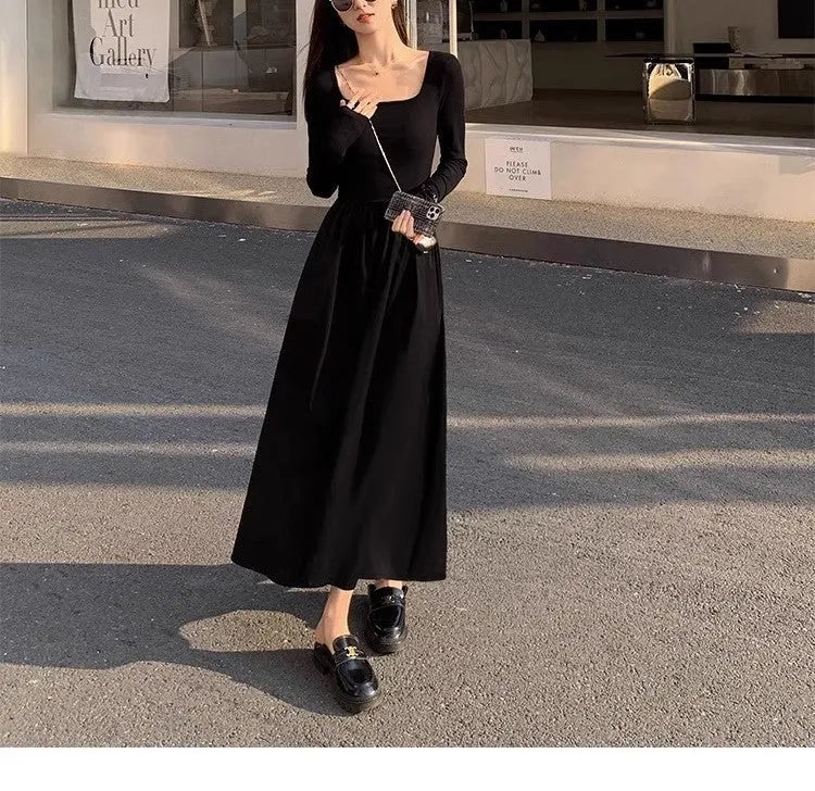 Women's square collar knitted dress with long sleeves, elastic waist, and A-line long skirt in grey.