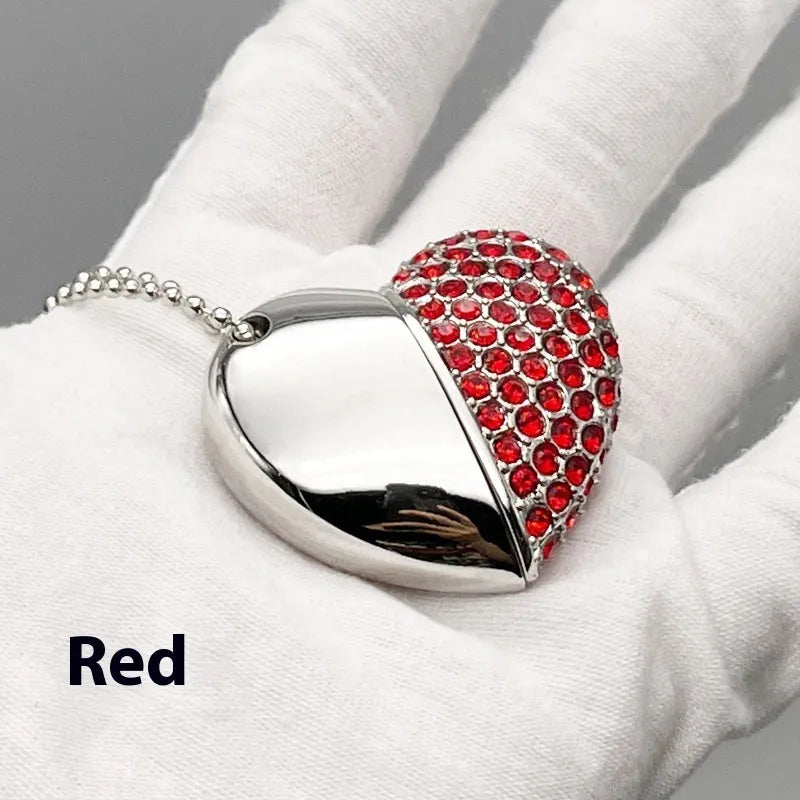 Heart-shaped USB flash drive with a brick-inlaid pattern on a metal shell.