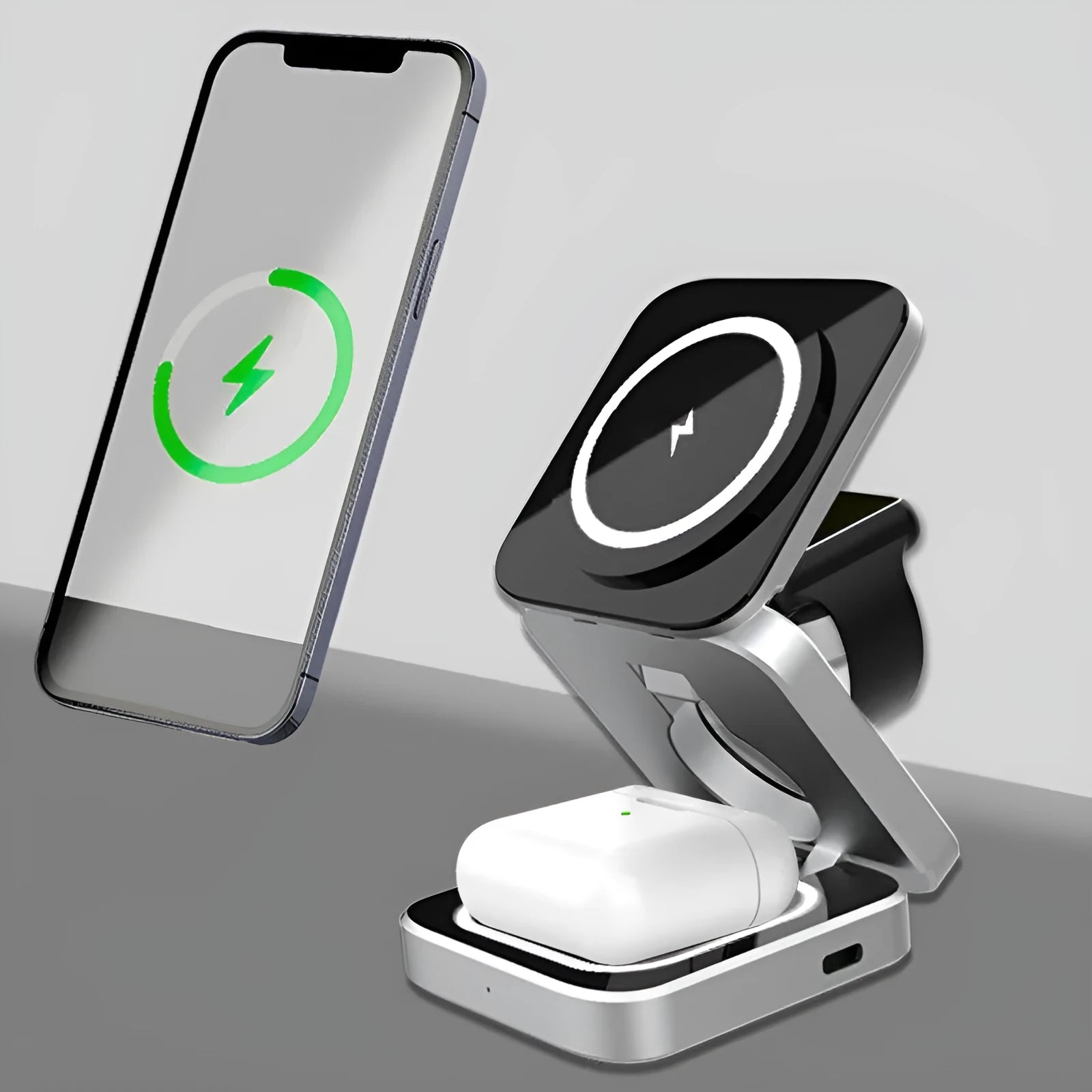 Folding desktop wireless charging bracket holding a phone and a smartwatch at an angle.