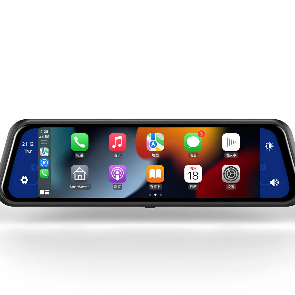 Dual lens car dash cam mounted on rearview mirror with 9.66-inch touch screen display